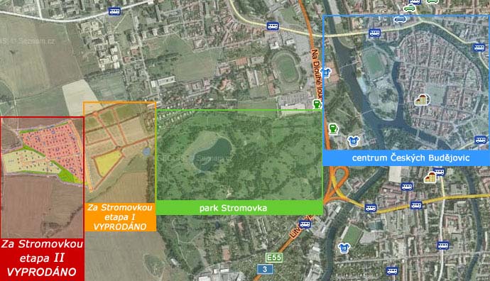 Mapa centra ČB s lokalitou 'Za Stromovkou'